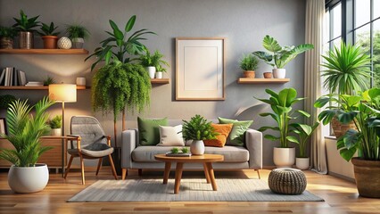 Stylish Cozy Living Room with Green Plants & Blank Frame - Modern Interior Design Stock Photo