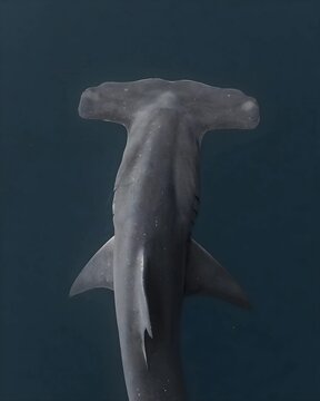 Overhead view of a hammerhead shark swimming in the deep ocean, showcasing its iconic head shape and streamlined body.