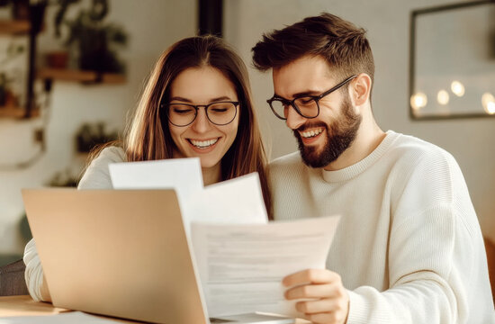 Cheerful young couple using laptop and analyzing their finances with paper document. Smiling husband and wife using online banking service at home or receiving positive decision from bank by email