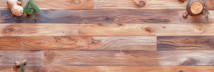 Rustic Wooden Background with Ginger and Fir Branches: A Natural Texture