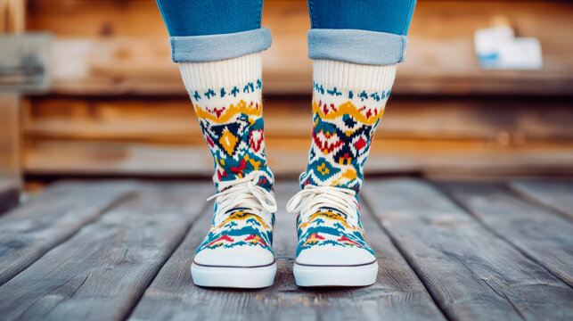 Stylish Feet: Colorful Knit Socks and Canvas Sneakers on Wooden Deck - Powered by Adobe