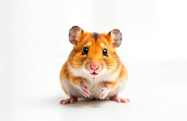 Cute small hamster sits on white surface. Closeup shot of furry orange hamster. Animal looking directly at camera. Friendly, adorable small rodent. Pet, rodent, animal photo for pet store. Photo