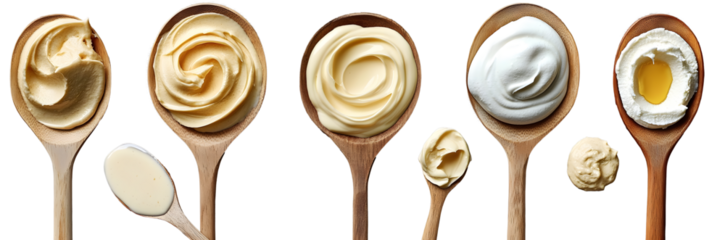 Close up view of various creamy dairy based spreads sauces and condiments on wooden spoons plates and surfaces The image showcases the texture richness