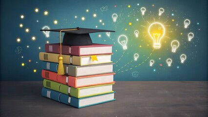 The image features a stack of books with a graduation cap on top