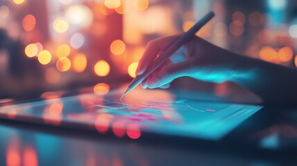 Hands working on a tablet with a stylus, analyzing colorful charts and graphs