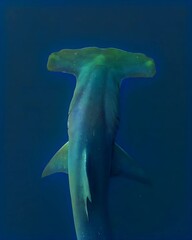 Back view of a hammerhead shark gliding gracefully through the deep blue ocean, its distinctive head shape prominent against the serene water.