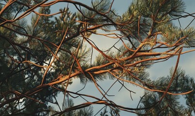 A group of pine tree branches and leaves tangled together against a blue-gray sky, evergreen, branches, landscape