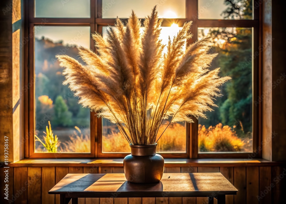 Wall mural Sunlit Pampas Grass Silhouette on Wooden Base - Elegant Home Decor Stock Photo