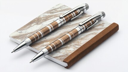 Fototapeta premium Elegant Brown and Silver Striped Pens on Marble Notebook