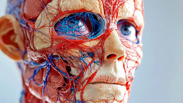 Adult Caucasian man exhibits anatomical model head.Medical display features intricate vascular system.Eyes,nerves,muscles visible detail.Educational tool illustrates human biology complexity.Concept