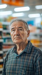 Fototapeta premium A senior man is captured in an expressive portrait inside a supermarket. Senior man with blurred background displaying colorful supermarket shelves.