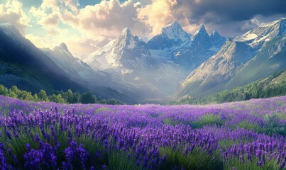 Obraz premium A lush meadow of vibrant purple lavender flowers blooms beneath a majestic mountain range with towering peaks