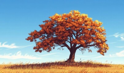 A majestic oak tree stands tall against the backdrop of a clear blue sky with a few wispy clouds