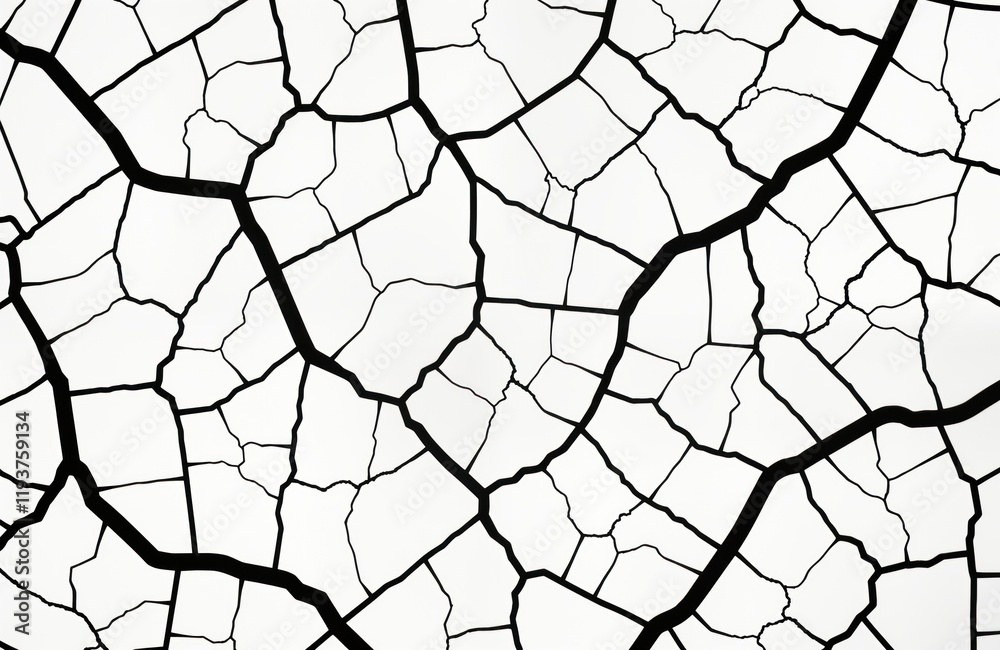 Poster Abstract graphic design shows intricate network of cracks. Intricate pattern creates unique visual effect. Image evokes imagery of drought-stricken land damaged surface. Unique abstract art piece.