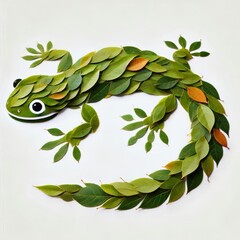 Flat lay leaf art of a salamander amphibian arranged as a decorative nature display