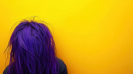 Fototapeta premium Young Woman with vibrant purple hair on yellow background. Epilepsy awareness, Purple Day concept