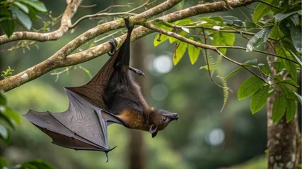 Bats hanging from branches in lush rainforest wildlife photography tropical environment close-up view © Normal Desing