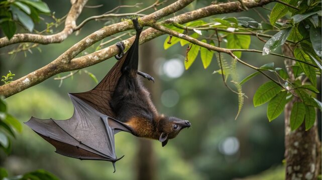 Bats hanging from branches in lush rainforest wildlife photography tropical environment close-up view