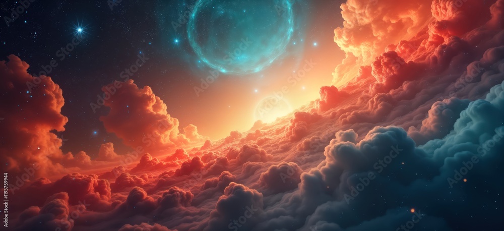 Poster abstract vibrant cosmos view. ethereal clouds form deep space landscape. colorful nebulae, cosmic el