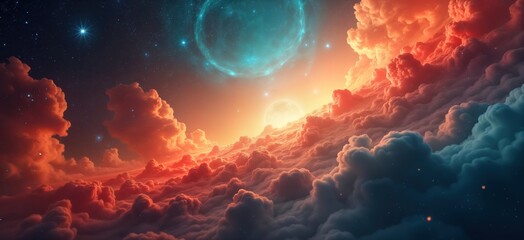 Abstract vibrant cosmos view. Ethereal clouds form deep space landscape. Colorful nebulae, cosmic elements create unique galaxy scene. Cosmic energy, light fill space. Celestial bodies, stars shine