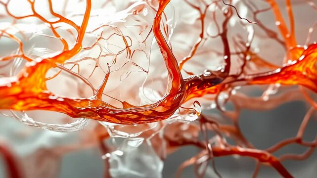 Blood vessels show intricate branching.Red cells travel capillaries.Medical illustration depicts cardiovascular health.3D rendering highlights vascular system.Educational tool studying anatomy.
