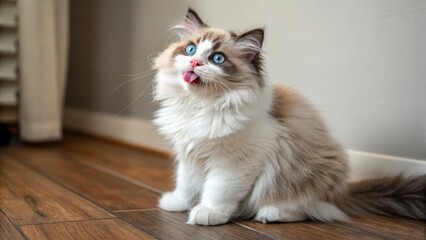 Obraz premium Playful cat sticking tongue out indoor home environment cute pet photography close-up adorable expressions