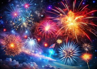 Fototapeta premium Surreal 4th of July Fireworks Galaxy: Festive Space Background with Message Area