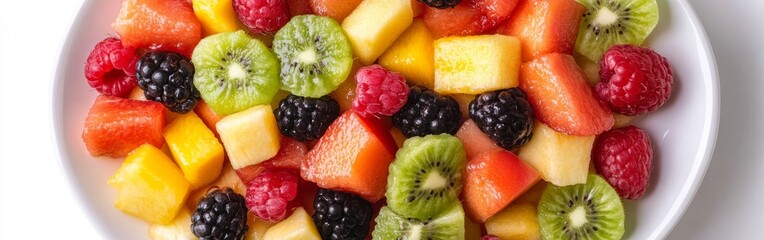 This vibrant fruit mix showcases assorted pieces including kiwi, watermelon, pineapple, and various berries, all arranged beautifully on a white background. Perfect for a healthy snack
