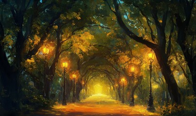 Obraz premium A Path Illuminated by Streetlights Through a Tree-lined Alleyway