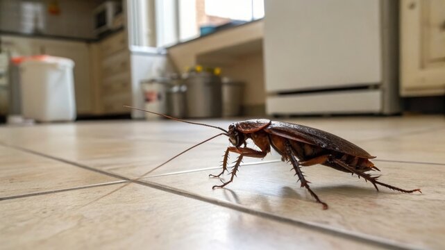 Cockroach sighted in kitchen indoor pest infestation close-up photography clean home environment low angle view urbanization awareness