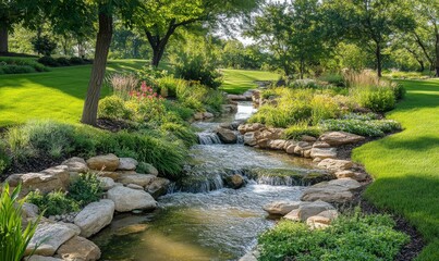 A peaceful green landscape with a gentle stream running through it, nature sounds, outdoor scenery, natural scenery, water feature