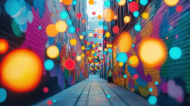Vibrant street mural with colorful bokeh lights in urban setting