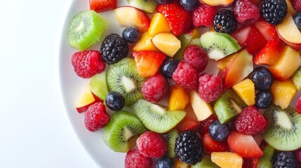 Obraz premium A vibrant assortment of fruits including strawberries, blueberries, raspberries, and kiwi arranged beautifully on a white plate. Perfect for healthy snacking or dessert
