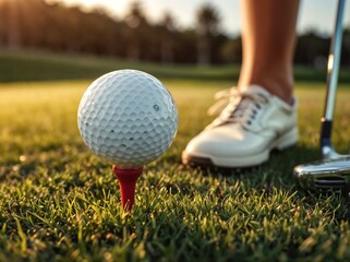 golfer on the golf course, taking a shot from the tee against the sunset backdrop. An ideal shot for illustrating an active lifestyle, women's sports, and golf.