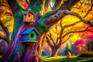 Fototapeta premium Surreal Birdhouse in Park Tree: Dreamlike Fantasy Photography