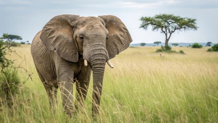 Elephant grazes in the serengeti wildlife photography natural habitat outdoor scene close-up view conservation awareness