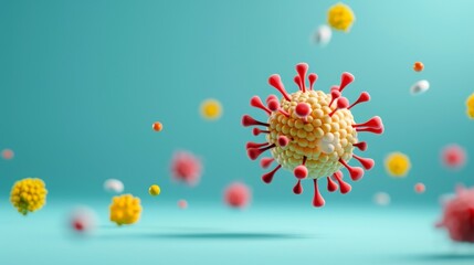 Obraz premium Vibrant pollen grain causing allergy with scattered medical symbols on a teal background