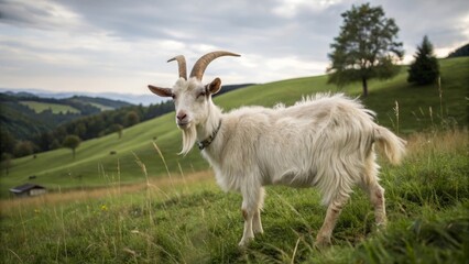 Obraz premium Goat grazing on green hillside countryside nature photography scenic landscape rural serenity