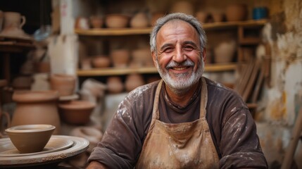 Smiling Potter in Workshop with Clay and Potter Wheel