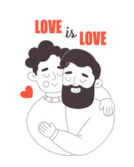 Cute happy gay couple hugging. Love is Love. Happy Valentines Day. LGBT, Pride community. Vector doodle illustration, hand drawn design