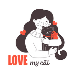 Cute happy young woman hugging a cat. Cat lover. Pet owner. Vector doodle illustration, hand drawn design