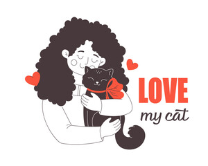 Cute happy young woman hugging a cat. Cat lover. Pet owner. Vector doodle illustration, hand drawn design