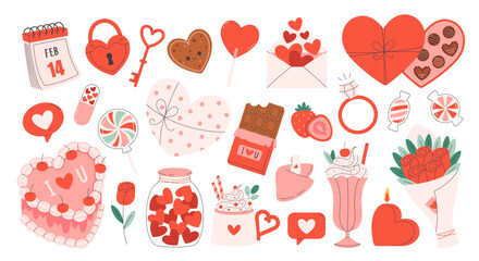 Cute Valentines day stickers set. Coquette cake, hearts, love letter, gifts, floral bouquet, ring, candles. Vector illustration in flat style