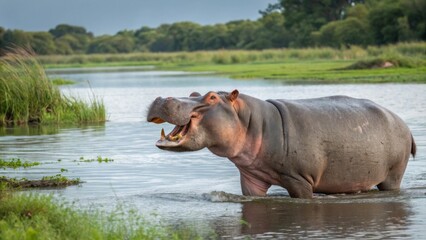 Fototapeta premium Hippo roaming in river african landscape wildlife photography natural habitat close-up perspective