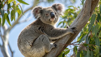 Fototapeta premium Koala climbing tree australian forest wildlife photography natural habitat close-up conservation awareness