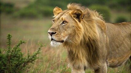 Obraz premium Majestic lion roaming wild savannah nature photography serene environment side view wildlife conservation