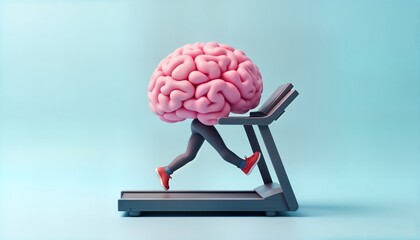 Brain jogging on treadmill. Creative mental exercise concept. Healthy brain activity. Modern lifestyle for strong cognitive functions. Personified brain working out. Fitness design. Mental health