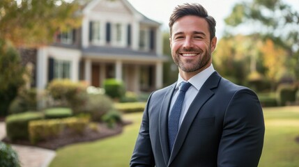 Smiling Realtor in Suit by Luxury Home