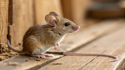 Curious mouse exploring wooden floor close-up photography indoor environment nature concept