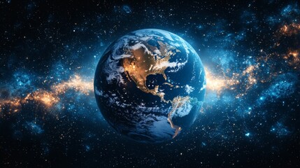 Fototapeta premium Earth in the Cosmos: A stunning, awe-inspiring view of planet Earth suspended in the vastness of space, bathed in the ethereal glow of distant galaxies.